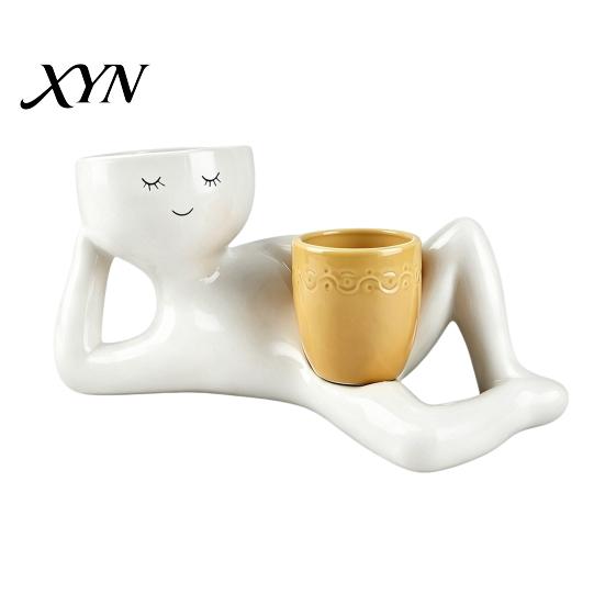 Waterproof Plant Pot Lazy Guy Planter, Little Character Flowerpot Ornament, Creative Lying Holder Humanoid Double Planter for Succulents Home
