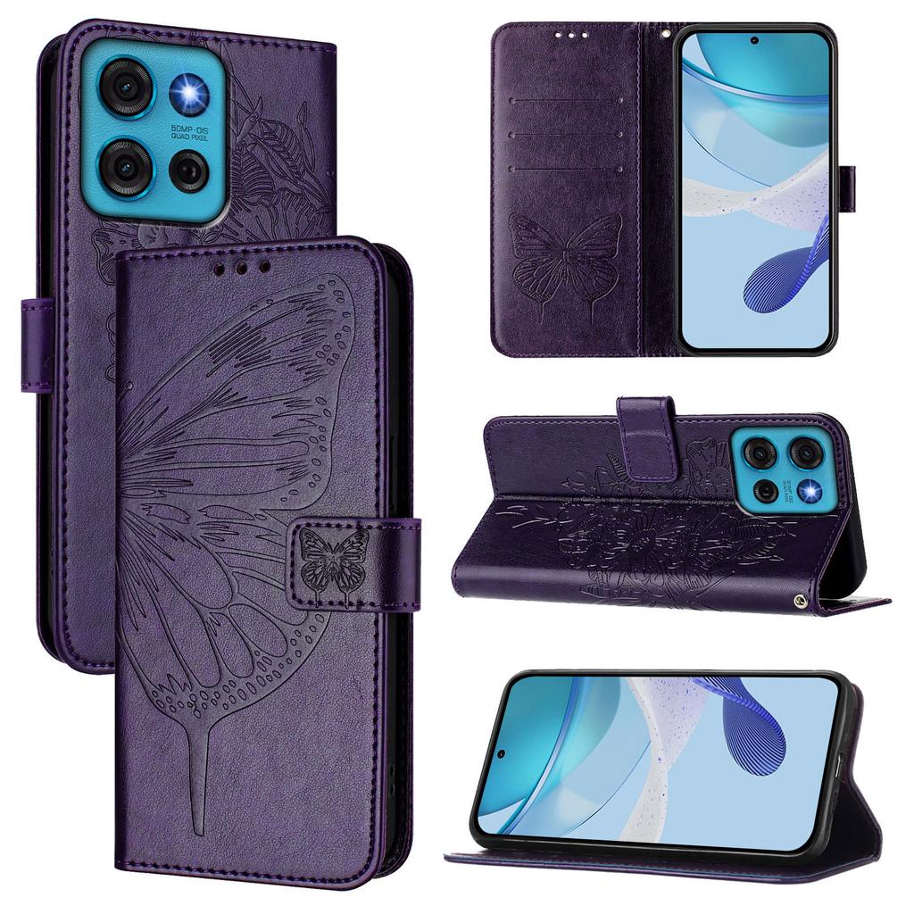 For Motorola Moto G75 5G Wallet Case with Wrist Strap Butterfly Imprint Leather Phone Cover