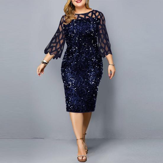 Damen O-Ausschnitt, 3/4-Ärmel, transparentes Patchwork, glänzende Pailletten, figurbetontes, knielanges Kleid