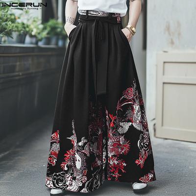 Men Elastic Waist Floral Print Bandage Casual  Long Wide Legs Pants