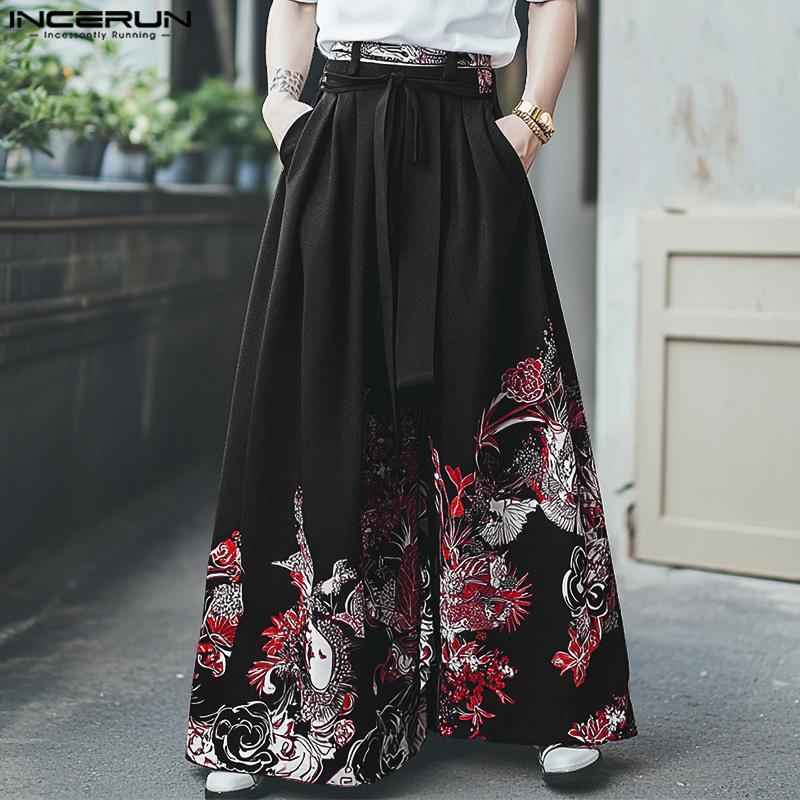 

INCERUN Men Elastic Waist Floral Print Bandage Casual Long Wide Legs Pants S
