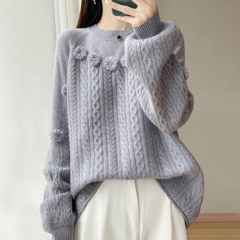 New Soft Waxy Wool Sweater Lazy Wind Knitted Crew Neck Sweater Thin Top Three-Dimensional Jacquard Hollow Wool Sweater Women