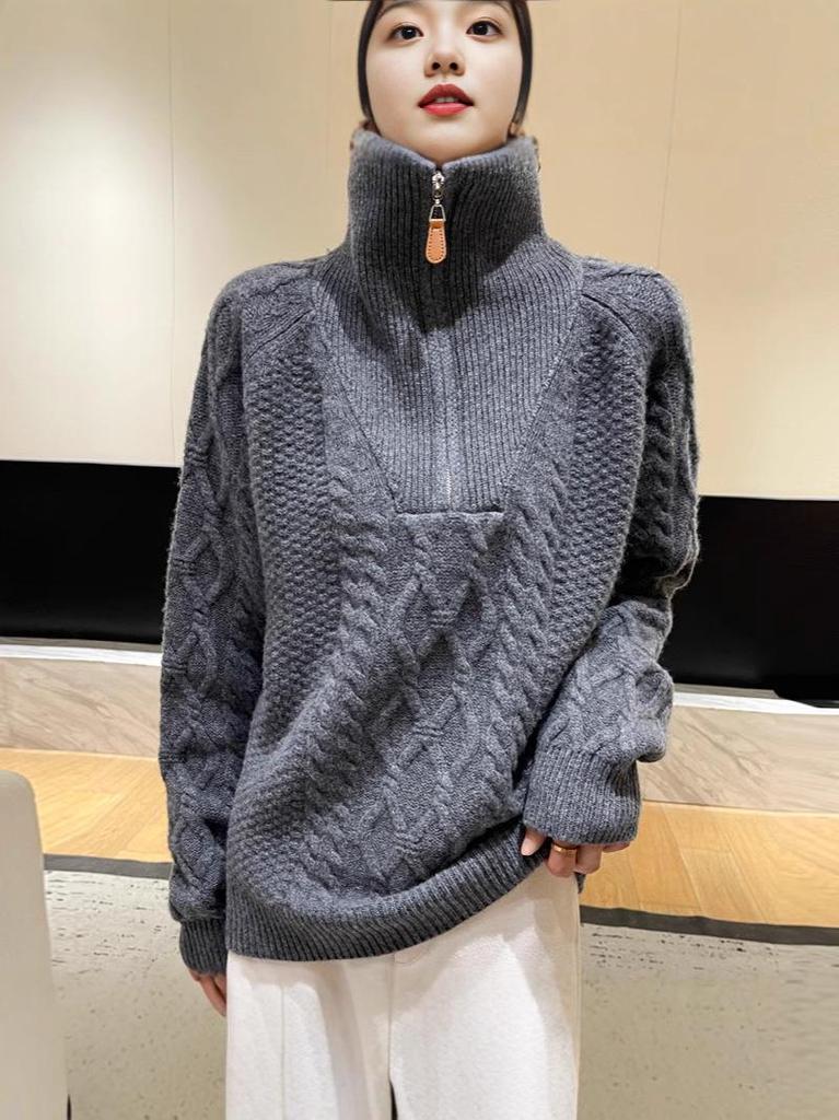 Women's Retro High Neck Cable Knit Wool Pullover - Autumn/Winter Korean Style Half-Zip Sweater