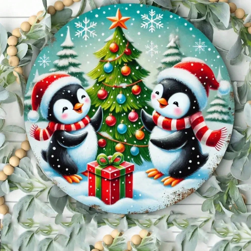 

Penguin Christmas Metal Wall Art Round Sign Waterproof Rustproof Decor 20x20 різнокольоровий