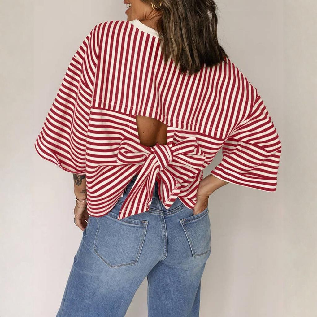 Modeinspirerad rundhalsad randig tröja med rosett bak för dam