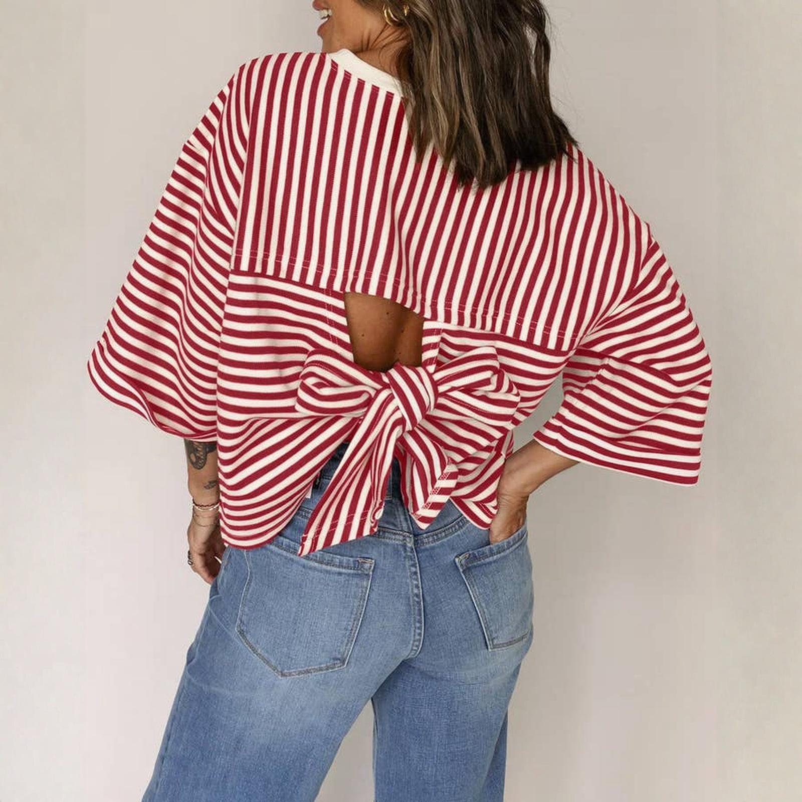

Women s Fashionable Round Neck Striped Back Tie Bow Pullover T-shirt Top L винний