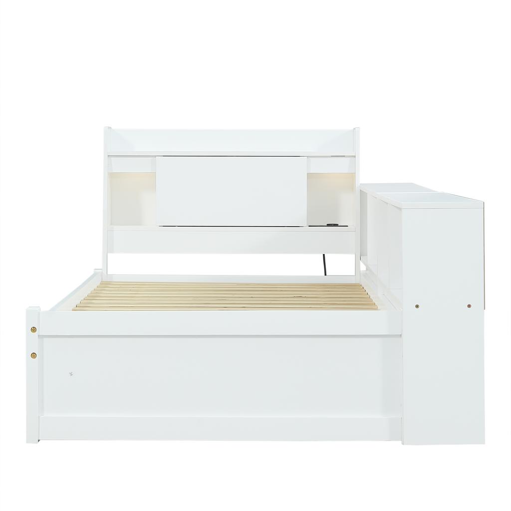 Pat simplu, tăblie cu compartiment de depozitare + 2 lumini, cu priză de încărcare, dulapuri și sertare de depozitare, pin+PAL+MDF, alb, 90x200cm