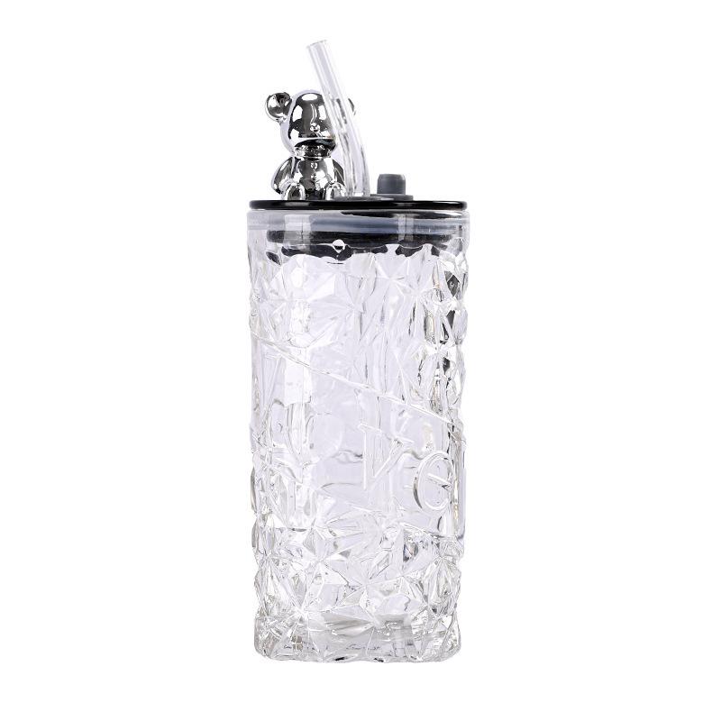 Ins Glass Love Straw Cup with Lid - Portable Diamond Bear Design for Office & Cold Brew Coffee