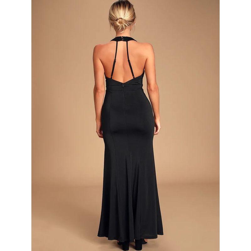 Foreign Trade Order Lu's Elastic Fabric Sexy V-neck Backless Slimming Pleat Black Hepburn Elegant Banquet Dress