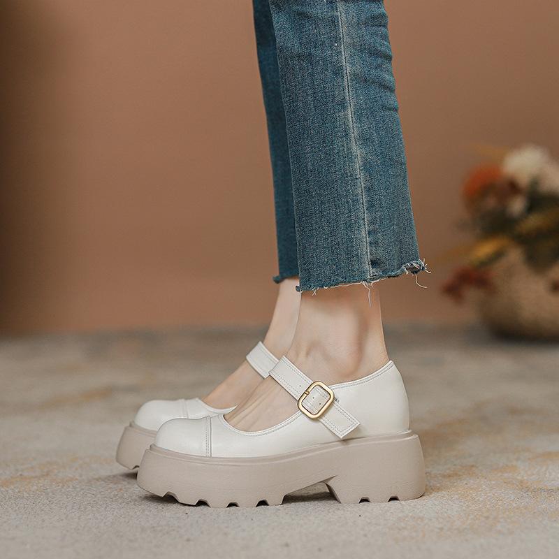 

Mary Jane shoes women s inner height increase platform small leather shoes women s spring new models with skirts women s shoes thick heel high heel 33 абрикосовый