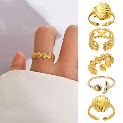 Offener Ring für Damen, verstellbar, Muschel, Seestern, Ozean-Thema, polierter rostfreier Edelstahl, Fingerring für Damen, Alltags-Party-Schmuck