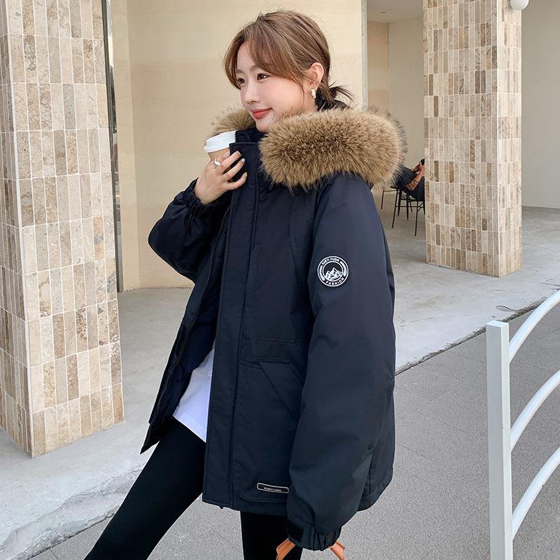 Damekåpe for høst og vinter Ensfarget Hette Pelskrage Kort Løs Fortykket Vindtett Fasjonabel Damejakke