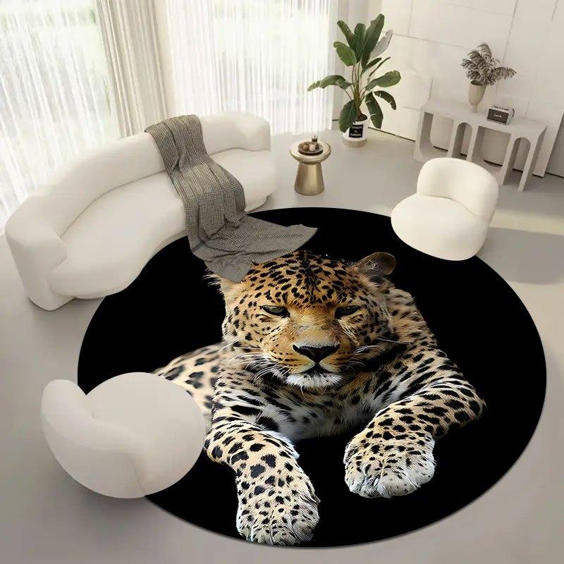 Black background with leopard Flannel-printed round floor mats are slip-resistant Suitable living room terrace garden carpets