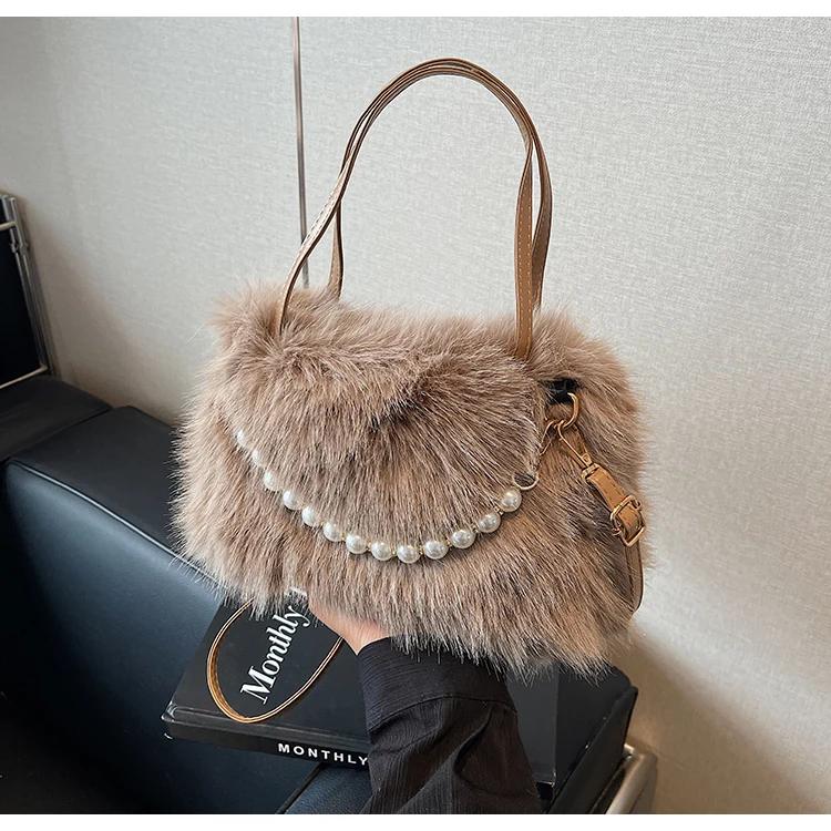 

Женская сумка с жемчужной цепочкой и мехом, сумка через плечо, уникальная сумка на плечо, элегантная и модная, премиум-зима, новая