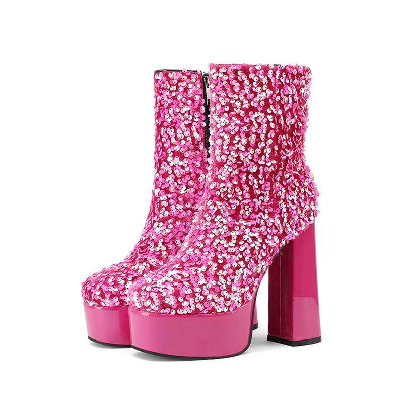Übergröße Paillettenstoff Patchwork Lackleder Hohe Dicke Absätze Mode Laufsteg Kurze Stiefel Plateau Reißverschluss Bling Stiefeletten