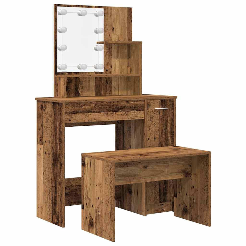 Makeup Table Set with LED Lights Rustic Wood Look Engineered Wood