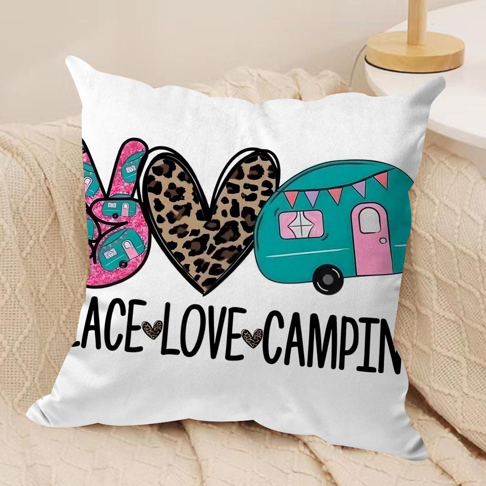 Happy Camping Rv Camper Car Cushion Cover Silky Short Plush Invisible Zipper Dustproof Sofa Pillow Case For Home Decor