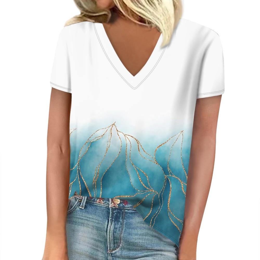 T-shirt women's summer leisure elegant v-neck short sleeves gradient texture pattern top loose casual wear ladies T-shirt