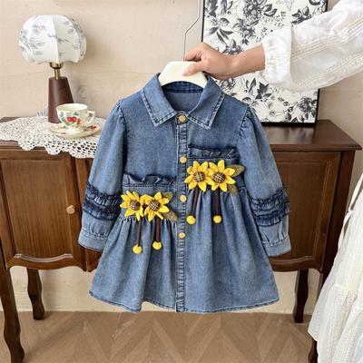Kids Jackets for Girls Cute 3D Sunflower Denim Jacket Baby Girls Kawaii Flower MIDI Style Blue Selvedge Denim Coat 2-7y