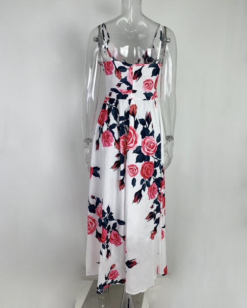 Women's 2024 Summer V-Neck Print Corset Party Dress with Full Skirt