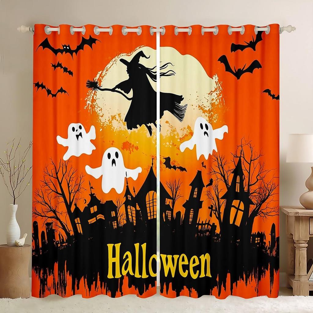Cute Ghost Curtains Halloween Window Gothic Treatments Drapes Boys Teen Bedroom Living Room Decor Curtain Light Blocking For Sitting Made Of Polyester