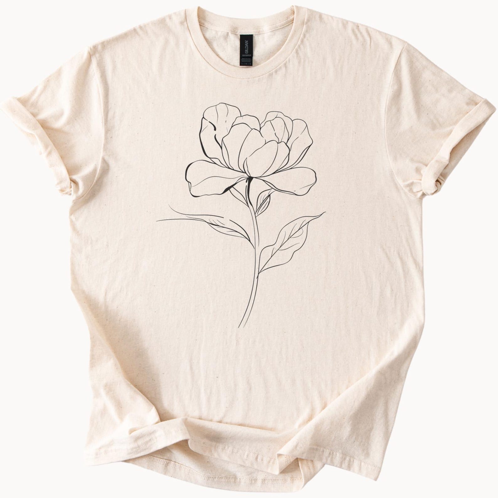 Minimalist Peony Flower Line Art Graphic T Shirt Simple Floral Drawing Tee Botanical Sketch Shirt Nature Lover Gift Aesthetic Apparel 160
