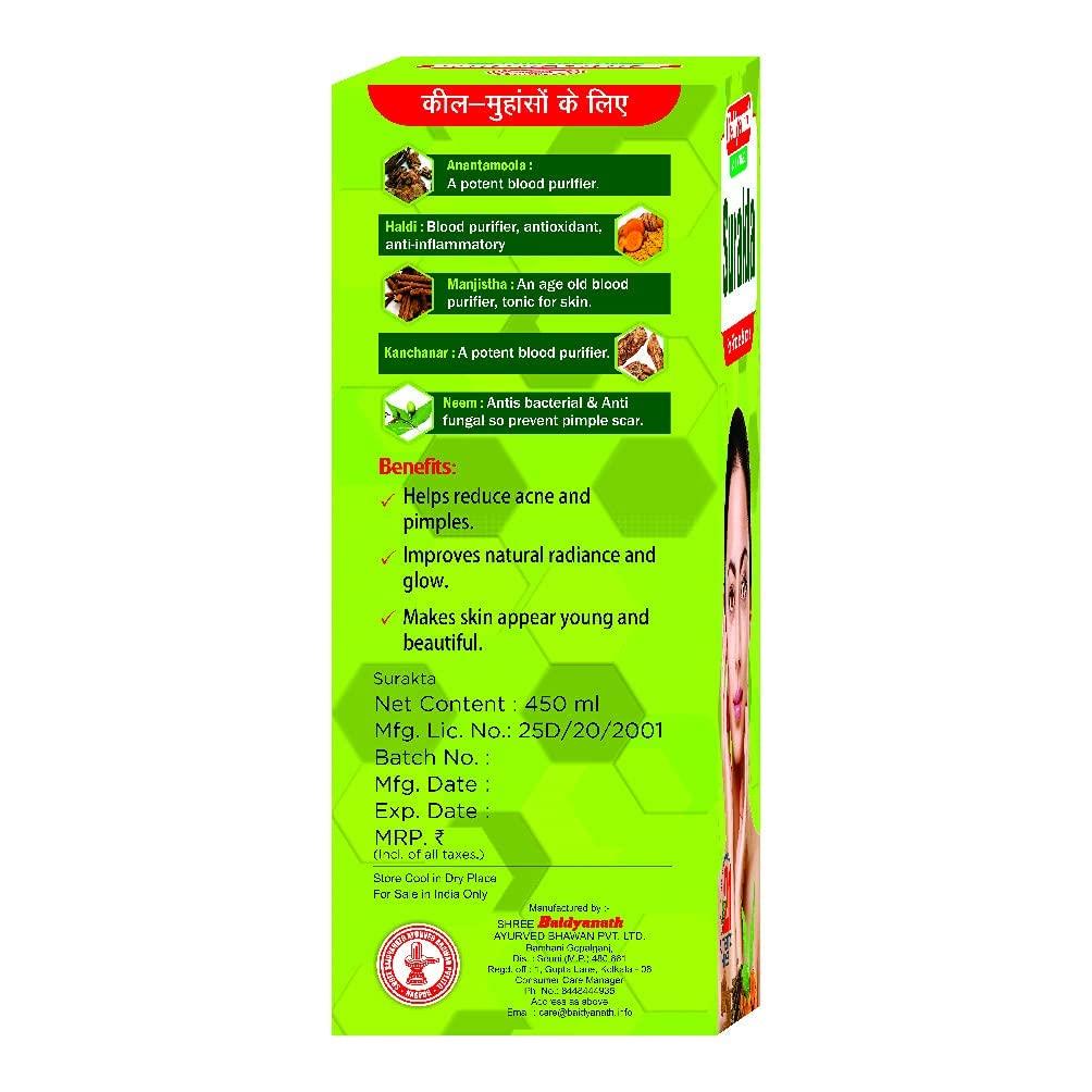 Baidyanath Asli Ayurved Surakta 450 ml Herbal Syrup for Clear Skin Acne Pimples and Radiant Glow