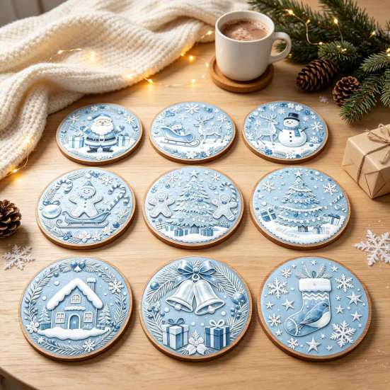 Christmas Wooden Coasters 9Pcs Set, Heat Resistant Cup Mats, Waterproof Non Slip Drink Round Table Protection Mats for Home Office Desk Accessories
