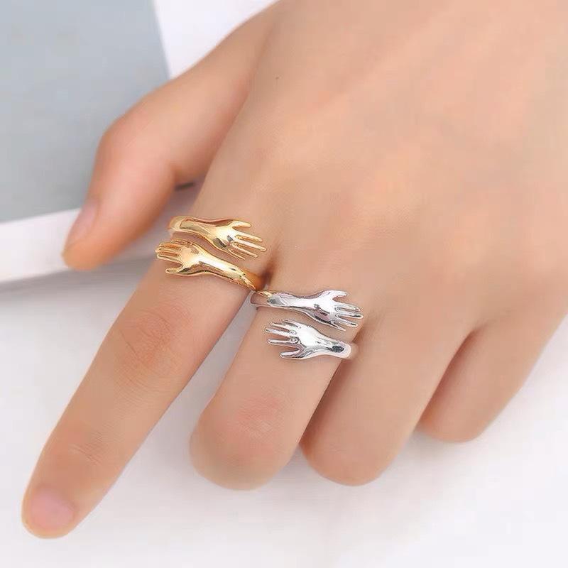 Trendy Cute Double Hands Hugging Couple Ring - European, American, Japanese & Korean Style.