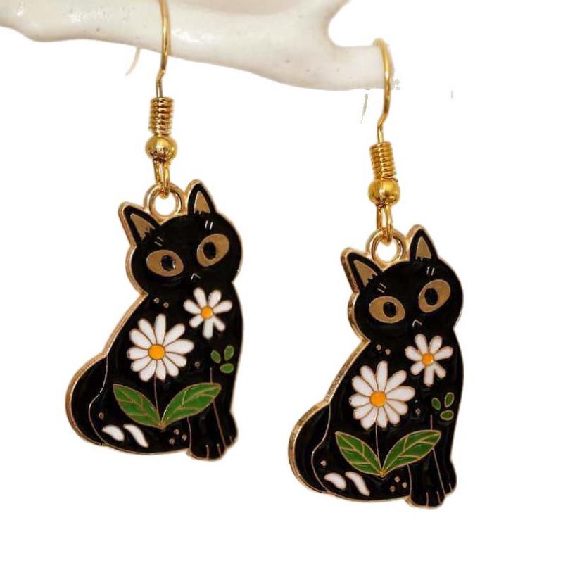 European & American Black Cat Flower Earrings - Unique Gold & Black Quirky Design