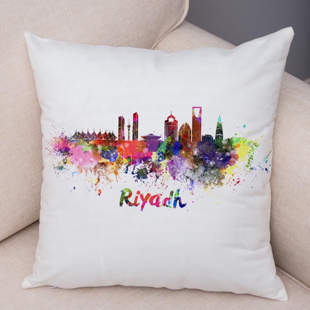 Watercolor City Skyline Cushion Cover Global Landmarks Art Print Soft Linen Living Room Bedroom Home Decor Pillow Case