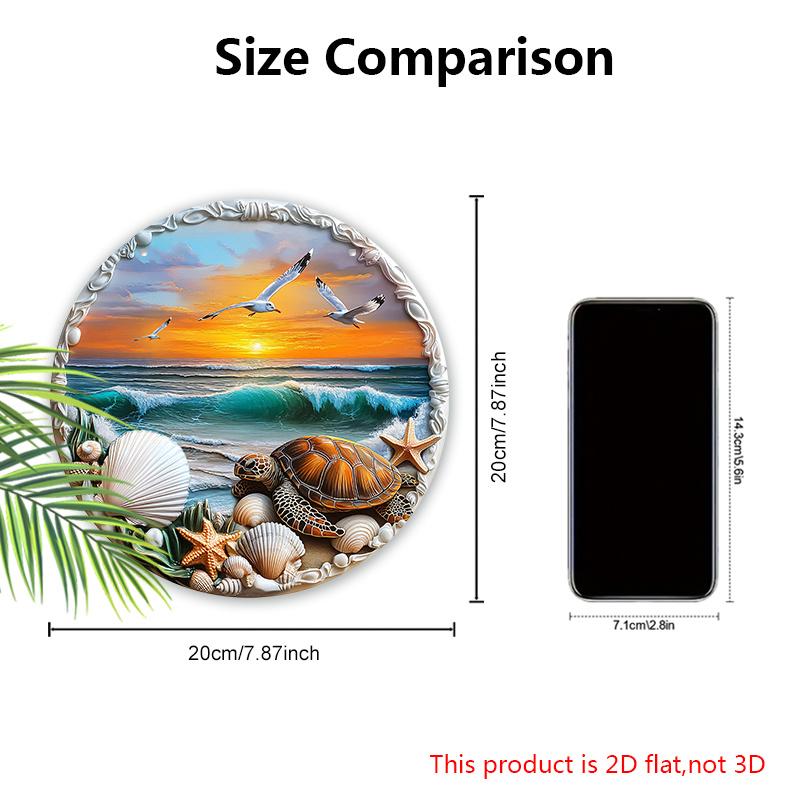 Wooden Sign with Sunshine Beach Turtle Pattern - Unique Seaside Scenery Round Sign for Front Door, Wall Decor - Ideal Home Hanging Ornament