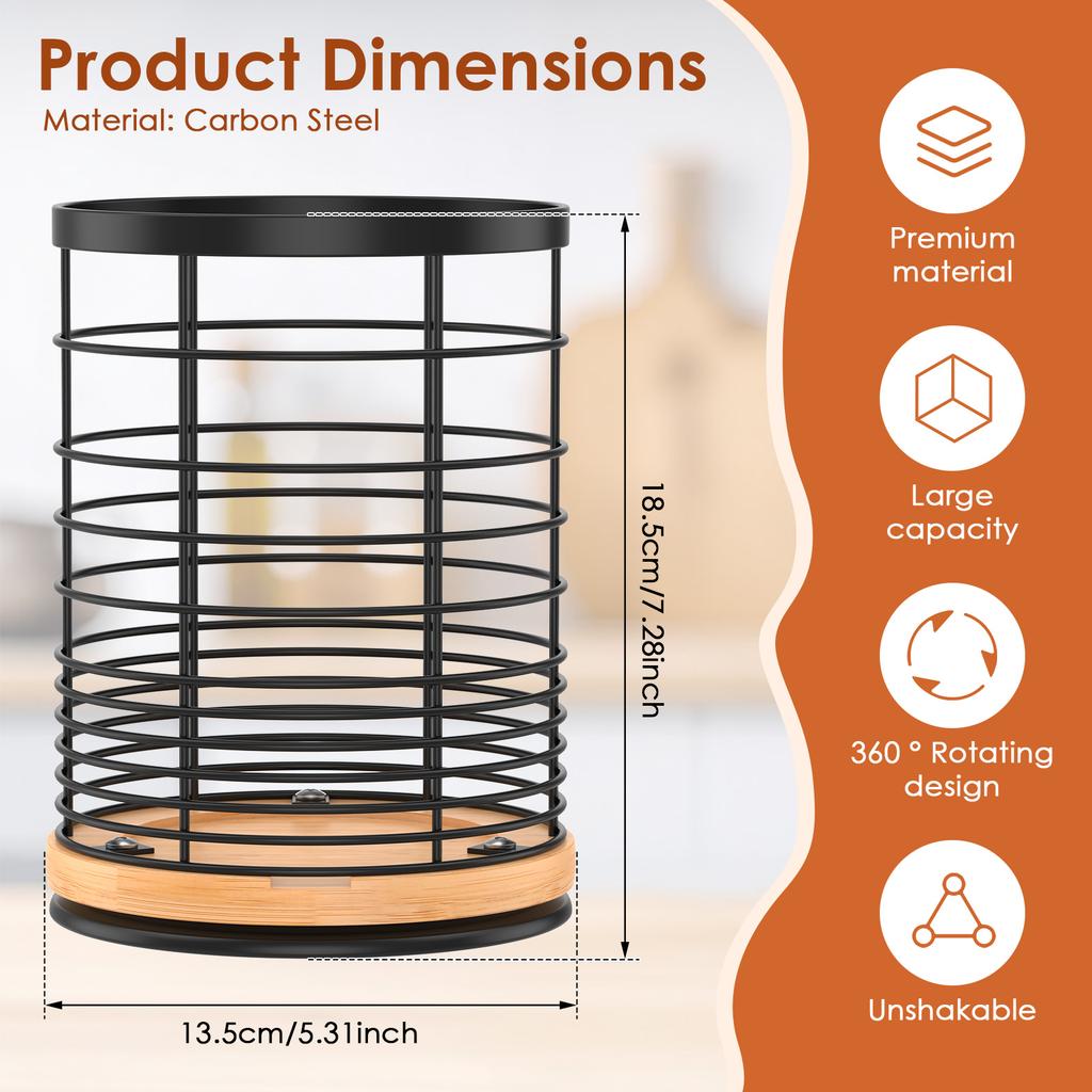360° Rotating Utensil Holder Metal Kitchen Counter Storage Rack Spatula spoon Tableware Kitchenware Organizer Caddy