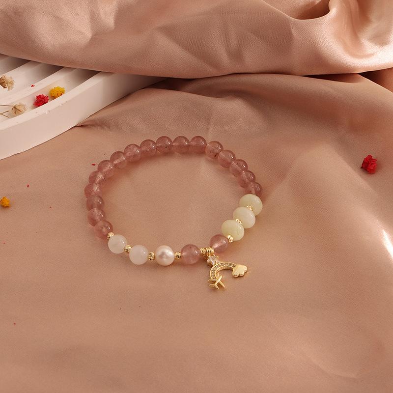 Natural Strawberry Crystal Bracelet, Peach Blossom Bracelet, Moonstone Cat's Claw Crystal Pixiu Natural Freshwater Pearl Bracelet.
