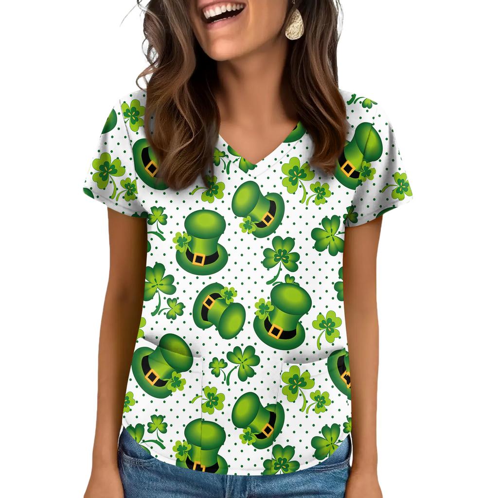Women's V-Neck Saint Patrick's Day Print Short-Sleeve Pocket Side-Slit Top