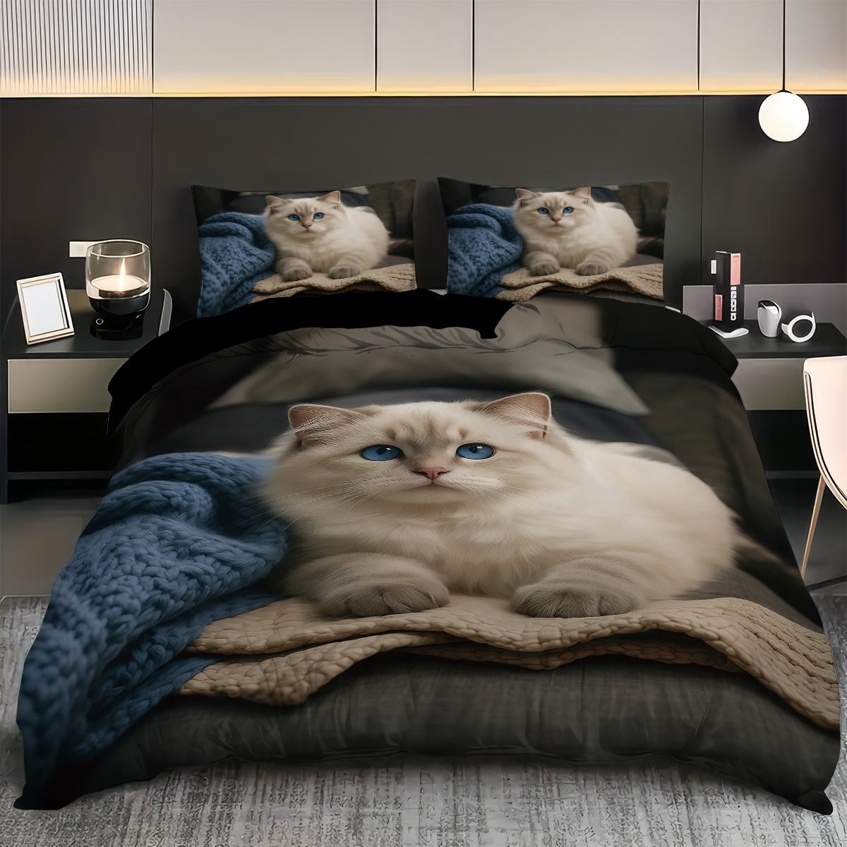 

3Pcs Cute Cartoon Kitten Printed Duvet Cover Set, 1 Duvet Cover+2 Pillowcases, Coreless, Soft And Comfortable, Machine Washable 135x200cm-EU-Single&set