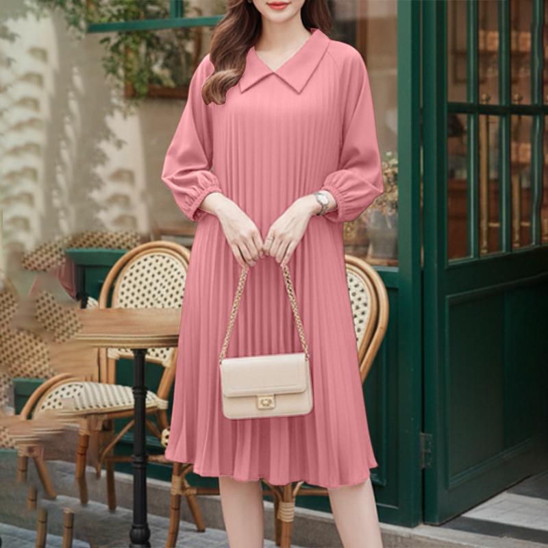 

ZANZEA Women Lapel Collar Solid Color 3/4 Sleeve Dress 5XL рожевий