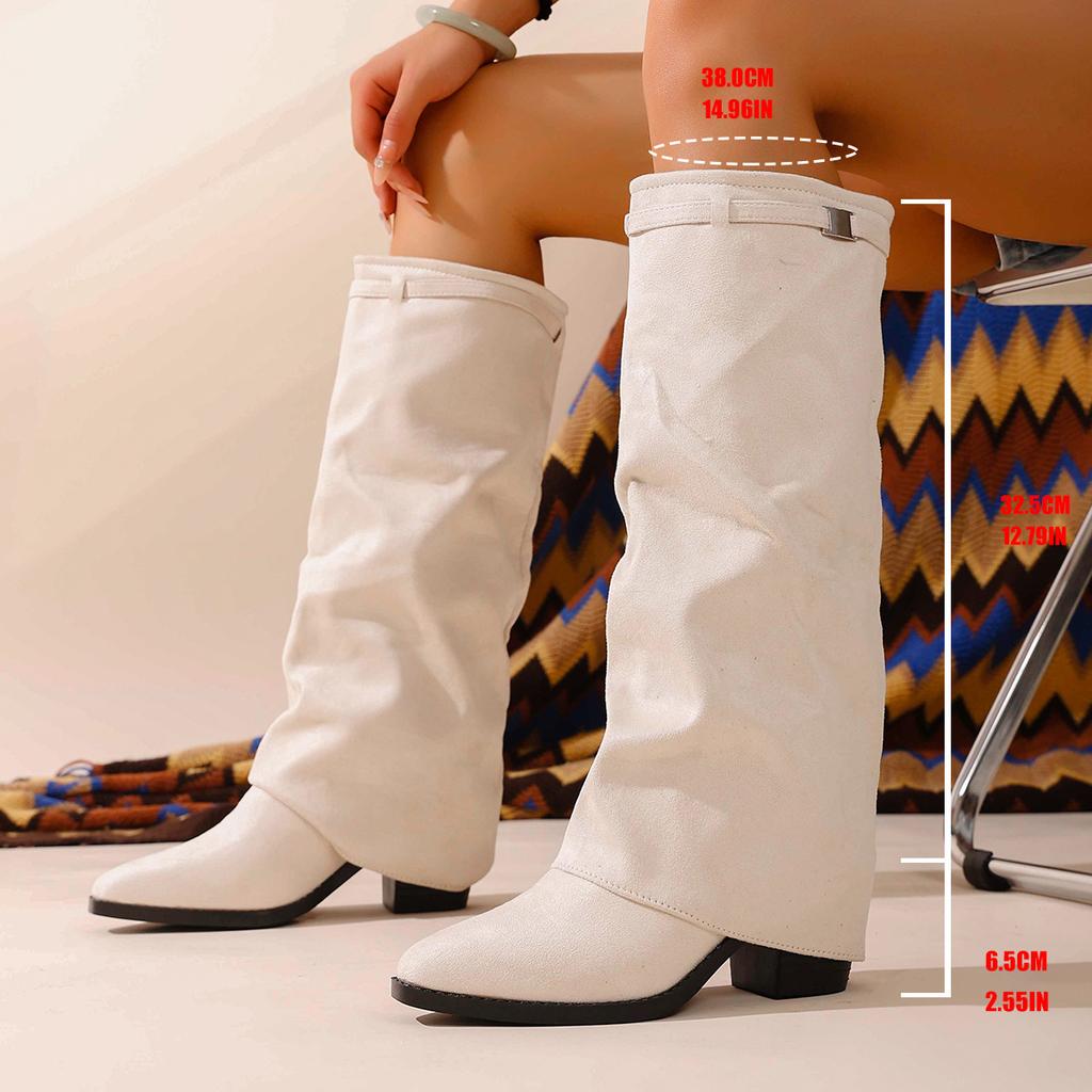 Foreign Trade Large Size Pointed European and American Tall New Boots 2025 Autumn and Winter Fold Thick Heel Sleeve High Heel Fashion Boots