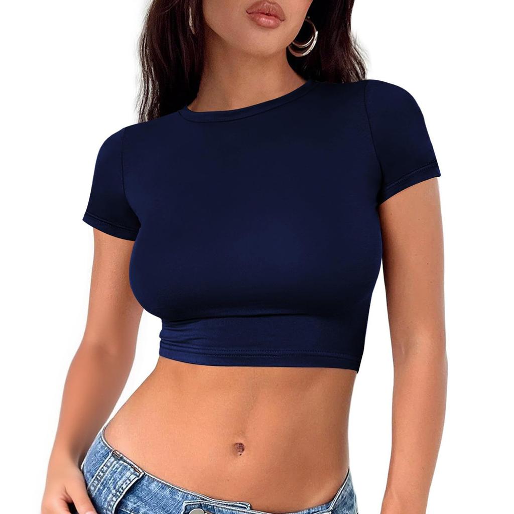 Damenmode Rundhals Halskette T-Shirt Slim Einfarbig Kurzarm Top