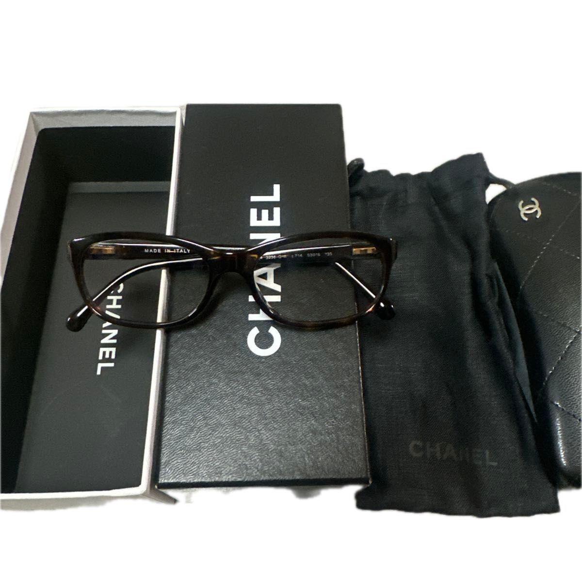 Used CHANEL Glasses Frame Caviar Skin Tortoiseshell Pattern