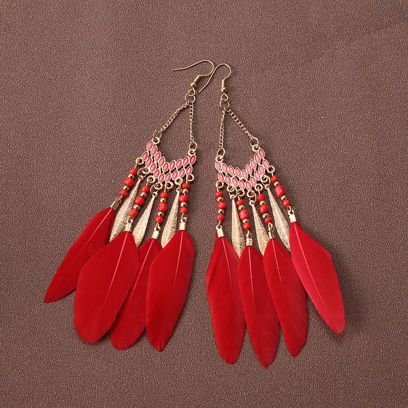 Bohemian Feather Earrings for Women, Face-Slimming Ethnic Style, Long Travel & Holiday Accessory
