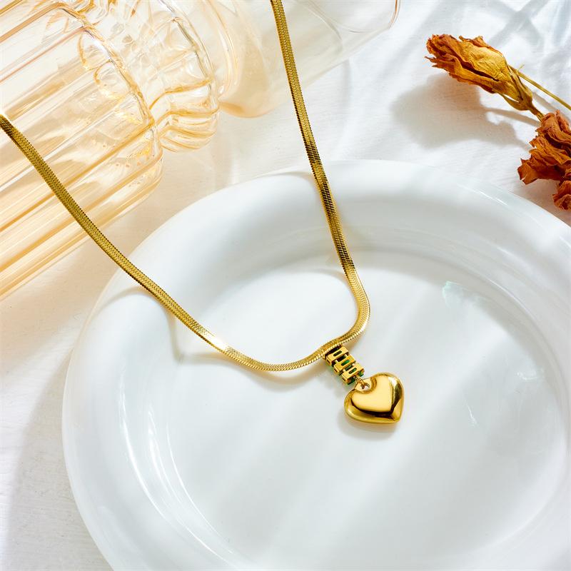 Gold Plated Herringbone Chain Green CZ Heart Pendant Necklace, Stainless Steel Emerald Choker, Waterproof Elegant Jewelry for Women Women Gift
