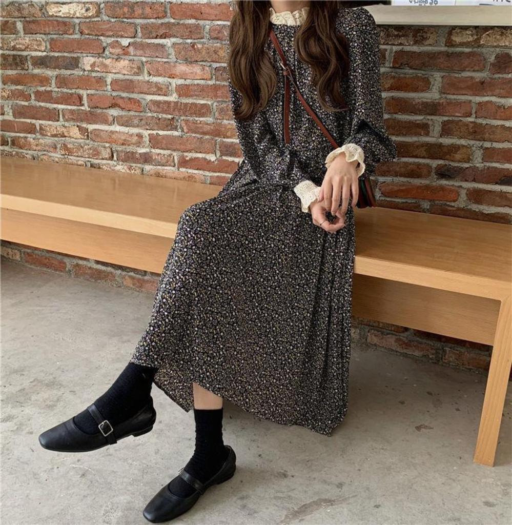 Long Sleeve Midi Dress For Women, Casual Smocked Vintage Midi Dresses, Fall Floral Wedding Guest Dress