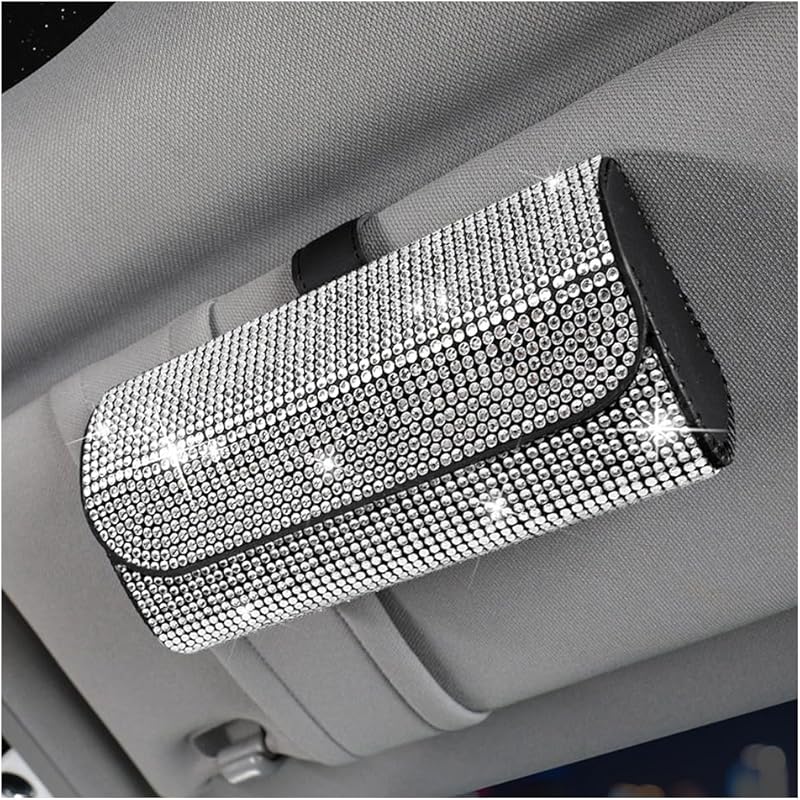 Bling Car Sunglass Holder For Sun Visor, Sparkling Crystal Leather Automotive Eyeglasses Mount Clip Organizer With Hidden Magnetic Closure For Men