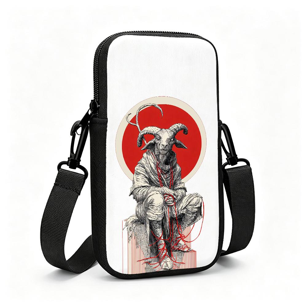 Vintage Dark Aesthetic Goat Print Crossbody Phone Bag, Mystical Horned Ram Pattern Mini Shoulder Pouch, Gothic Style Festival Accessory Christmas Gift