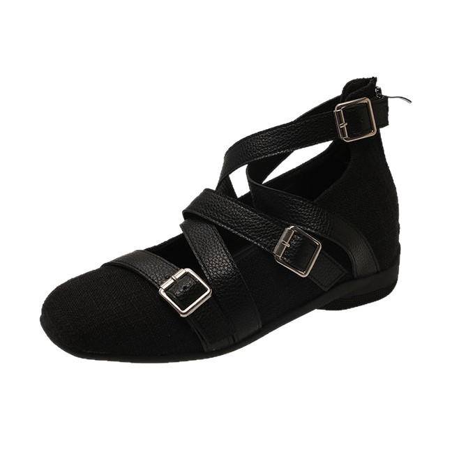 Soft leather version~ retro square head niche cross one-word buckle sports bottom ballet shoes women's versatile light mouth single shoes