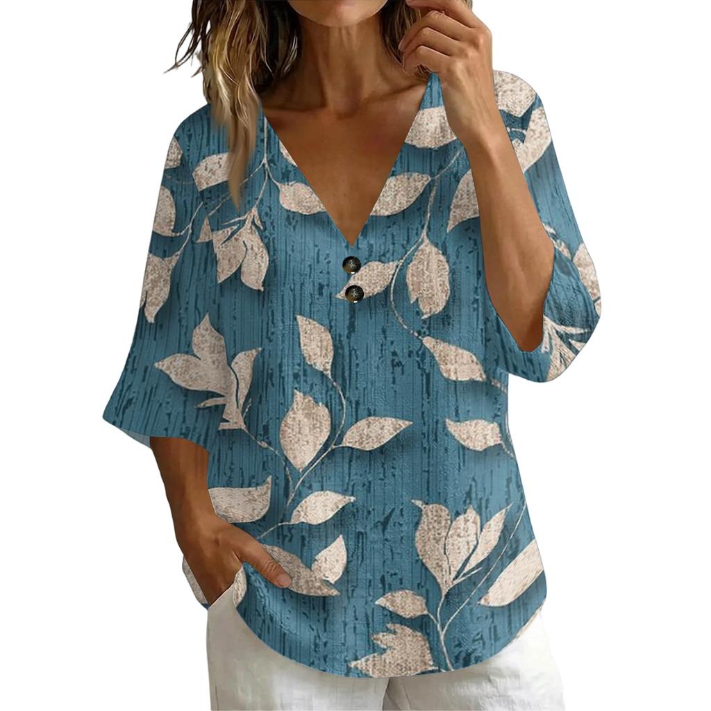 Womens V Neck Vintage Floral Print Loose Fit Short Sleeve Linen Blend T Shirt Lightweight Casual Summer Top with Button Detail