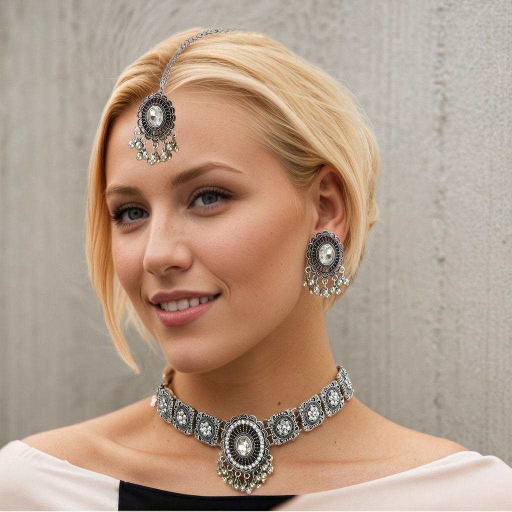 Vintage Indian Style Rhinestone Tassel Choker Necklace Earring Set Fashion Jewelry for Women