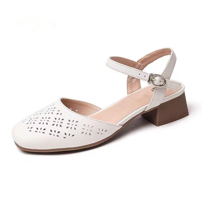 Hollow Square Head Sandals Women's Summer New Breathable Bag Head Women's Shoes Thick Heel Middle Heel One-word Buckle Single Shoes