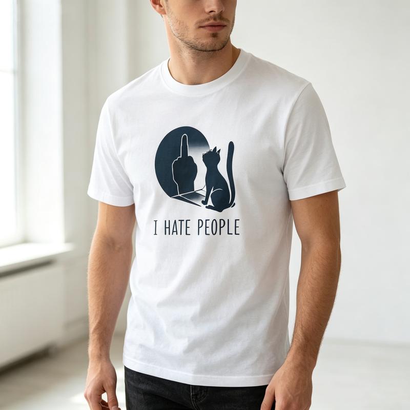 Cat Lover Humor T Shirt I Hate People Sarcastic Print Unisexs Cotton Crew Neck Top Y2k Top
